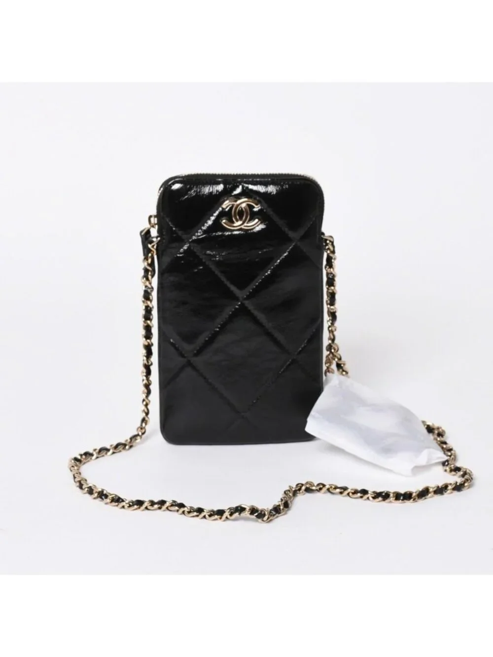 Chanel Chain Shoulder Shiny Patent Leather Quilted CC Logo Phone Case